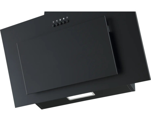 Schwarze Dunstabzugshaube mit Bedienfeld und Beleuchtung.