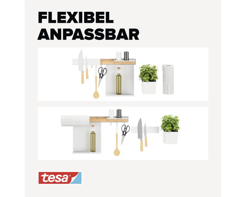 Flexibel anpassbares Regalsystem für die Küche mit verschiedenen Küchenutensilien und Dekorationen