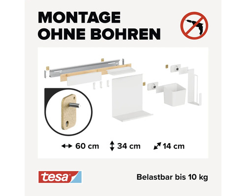 Installationsanleitung für die Montage ohne Bohren. Tesa Logo. Maximalbelastung 10 Kilogramm