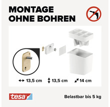 Tesa Montage ohne Bohren System, mit Größenangaben und einem Symbol, das Bohren verbietet