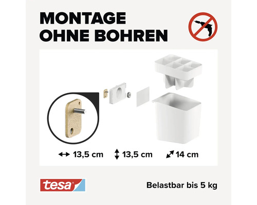 Tesa Montage ohne Bohren System, mit Größenangaben und einem Symbol, das Bohren verbietet