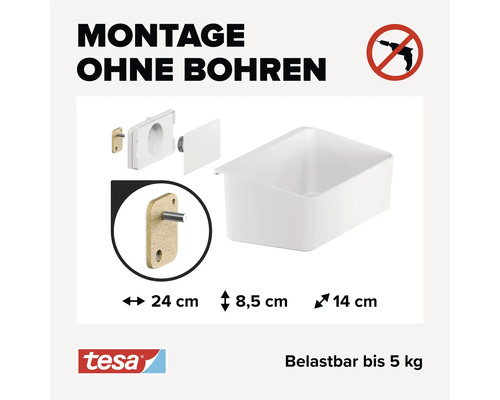 Tesa Aufbewahrungskorb zur Montage ohne Bohren mit den Maßen 24 cm x 8,5 cm x 14 cm und einer Belastbarkeit bis 5 Kilogramm