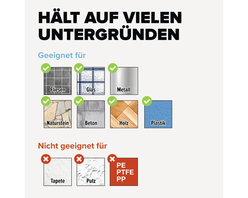 Geeignet für Fliesen, Glas, Metall, Naturstein, Beton, Holz und Kunststoff. Nicht geeignet für Tapeten, Putz, Polyethylen, Polytetrafluorethylen und Polypropylen.