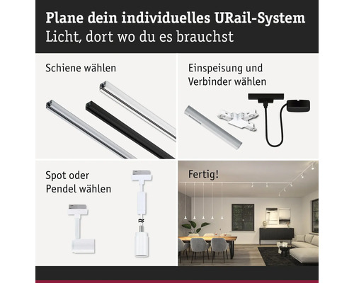 Planung eines individuellen URail-Systems mit Schienen, Einspeisung, Verbindern, Spots und Pendelleuchten.
