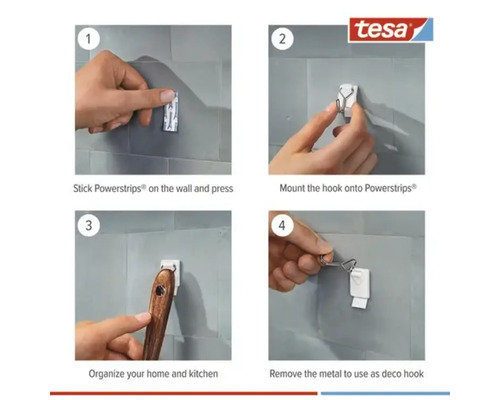 Anleitung zur Montage von Tesa Powerstrips Haken: Anbringen des Powerstrips an der Wand, Anbringen des Hakens, Befestigen eines Gegenstandes, Entfernen des Hakens