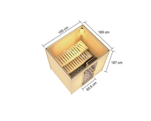 Illustration einer Sauna mit Abmessungen 195 cm mal 169 cm mal 187 cm