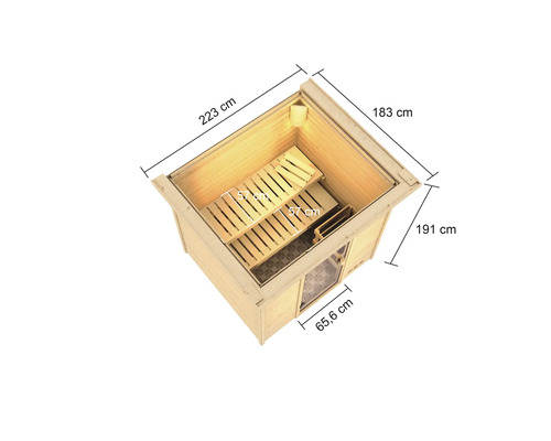 Abbildung einer Sauna mit den Maßen 223 cm mal 183 cm mal 191 cm