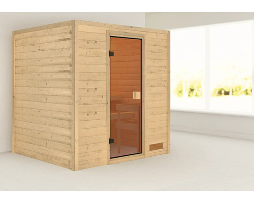 Sauna aus Holz mit Glastür