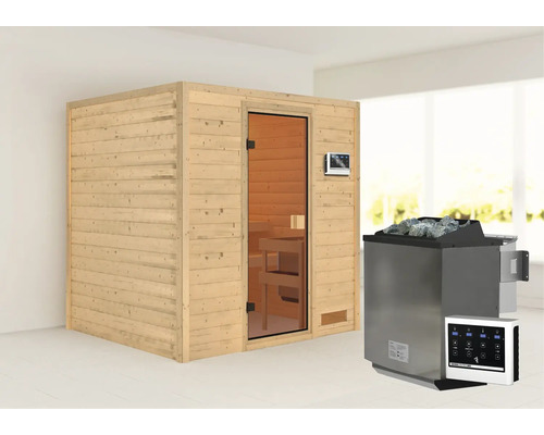Sauna aus Holz mit Glastür und Saunaofen