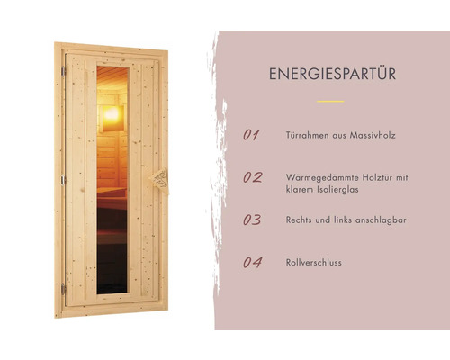 Energiespartür aus Holz mit Glaseinsatz und zugehörige Produktinformationen