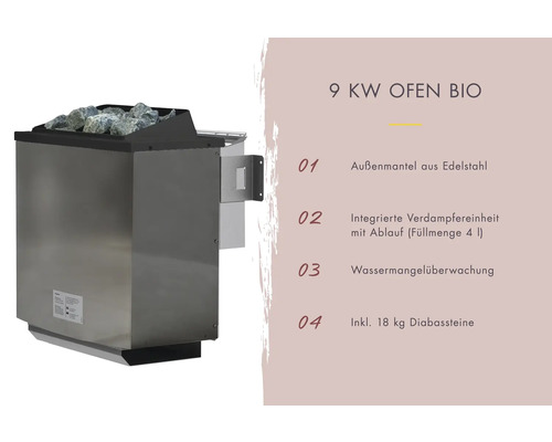 9 Kilowatt Saunaofen mit Diabassteinen und Edelstahl-Außenmantel