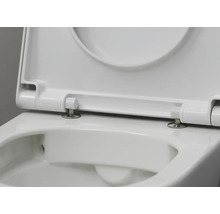 Detailansicht einer weißen WC-Brille mit geöffnetem Deckel