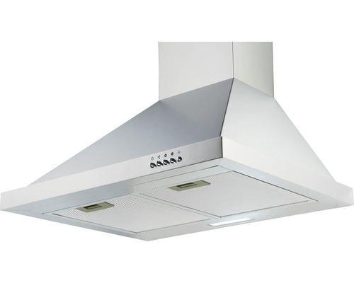 Dunstabzugshaube aus Metall mit Bedienknöpfen und integrierter Beleuchtung.