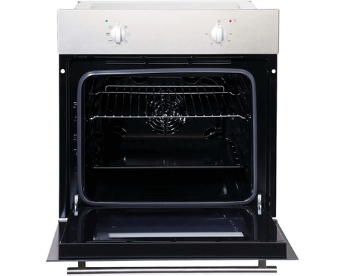 Edelstahl Einbaubackofen mit geöffneter Tür und Innenraumansicht