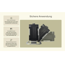 Sichere Anwendung eines Heizstrahlers mit Funktionen wie Kühl anfassen, Umkippschalter und Überhitzungsschutz.