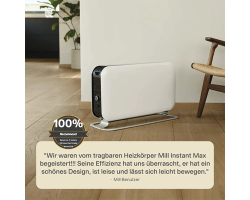Tragbarer, weisser Mill Instant Max Heizkörper vor einer Wand
