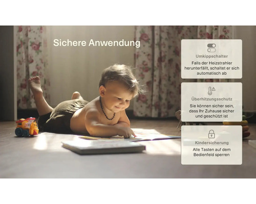 Ein Kind liegt auf dem Boden und liest ein Buch. Sicherheitsfunktionen wie Kippschutz, Überhitzungsschutz und Kindersicherung werden angezeigt.