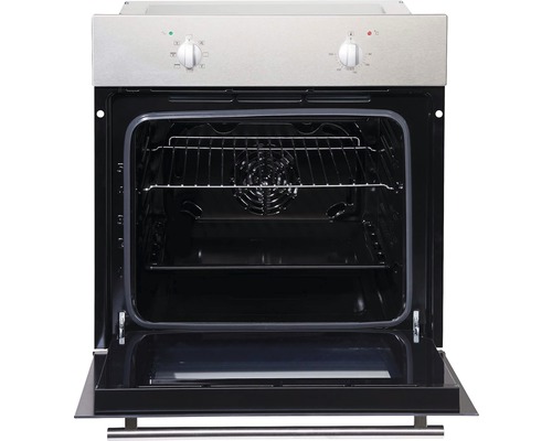 Einbau-Backofen mit geöffneter Tür, Innenraum mit Grillrost und Backblech.