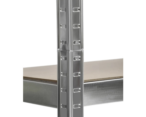 Detailaufnahme eines Metallregals mit Holzboden