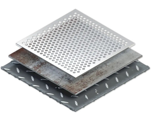 Drei Metallplatten: Lochblech, Stahlblech, Riffelblech