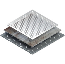 Abbildung verschiedener Metallplatten: Lochblech, Stahlplatte und Riffelblech