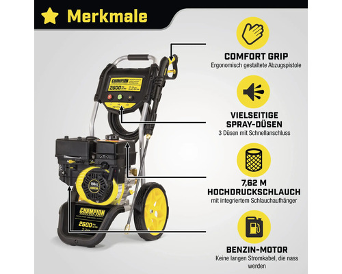 Champion Hochdruckreiniger mit Benzinmotor, ergonomischem Griff, drei Sprühdüsen und 7,62 Meter langem Hochdruckschlauch