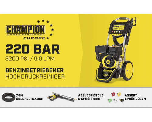 Champion Hochdruckreiniger mit Benzinantrieb, 220 bar, inklusive Druckschlauch, Abzugspistole, Sprührohr und verschiedenen Sprühdüsen