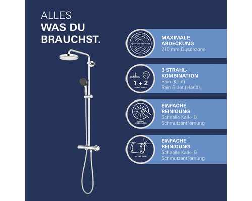 Duschsystem mit Kopf- und Handbrause sowie zugehörigen Produkteigenschaften.