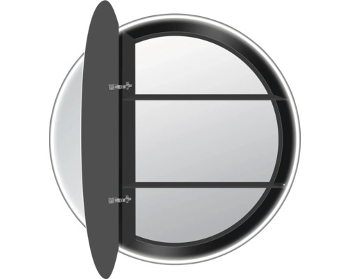 Runder Spiegelschrank mit geöffneter Tür und zwei Regalböden