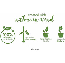 Umweltsiegel: 100 Prozent recycelt und recycelbar, hergestellt mit Windenergie, langlebige Qualität, hergestellt in Holland