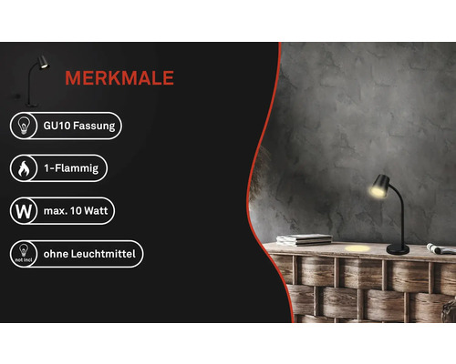 Schreibtischlampe mit GU10 Fassung, einflammig, maximale Leistung zehn Watt, ohne Leuchtmittel