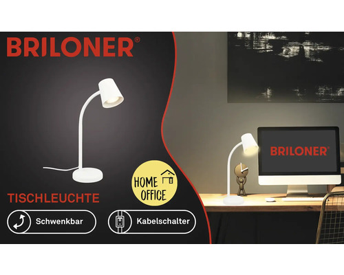 Schwenkbare, weisse Briloner Tischleuchte auf einem Schreibtisch