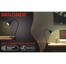 Briloner Logo. Klemm-Tischleuchte mit warmweißem Licht und 3000 Kelvin.