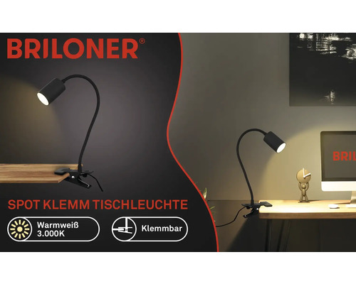 Briloner Logo. Klemm-Tischleuchte mit warmweißem Licht und 3000 Kelvin.