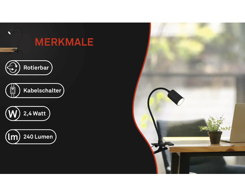 Schreibtisch mit Klemmleuchte und Produktmerkmalen.