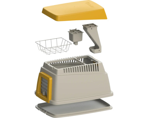 Zerlegte Katzentoilette mit verschiedenen Komponenten