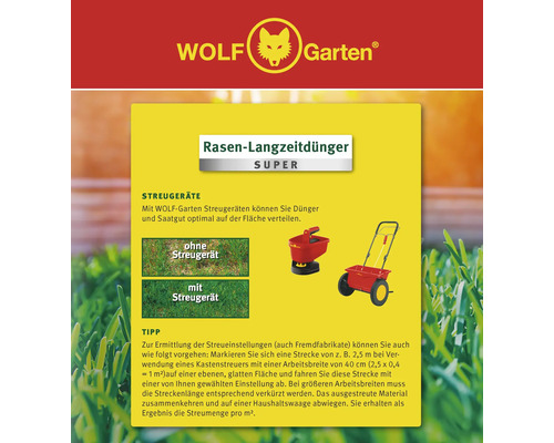 Wolf Garten Logo. Rasen Langzeitdünger Super. Streugeräteinformationen mit und ohne Streugerät.