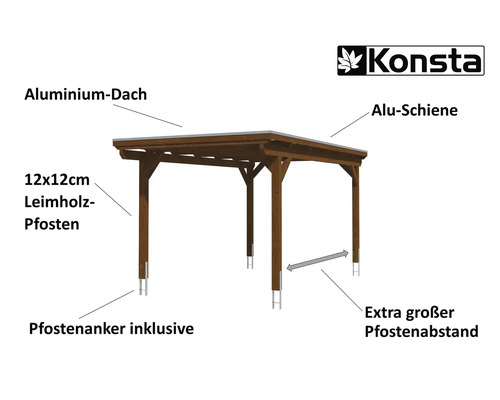 Konsta Carport mit Aluminiumdach, Leimholzpfosten von 12x12 cm und inklusive Pfostenanker
