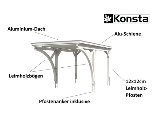Konsta Carport aus Aluminiumdach, Holzleimbögen und Pfostenanker