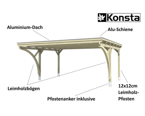 Konsta Logo. Carport mit Aluminiumdach, Aluminiumschienen, Leimholzbögen und 12 x 12 cm Leimholzpfosten inklusive Pfostenanker.