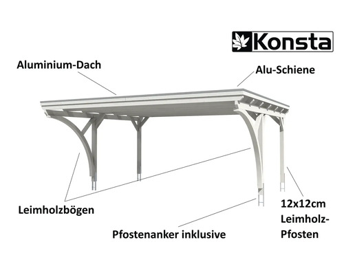 Konsta Logo. Carport mit Aluminiumdach, Aluminiumschienen, Leimholzbögen und 12x12 cm Leimholzpfosten inklusive Pfostenanker.