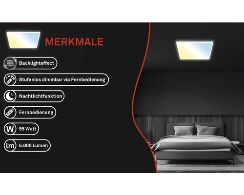 Produktmerkmale einer Deckenleuchte mit Hintergrundbeleuchtung, stufenloser Dimmung per Fernbedienung, Nachtlichtfunktion, 55 Watt Leistung und 6000 Lumen Lichtstrom.