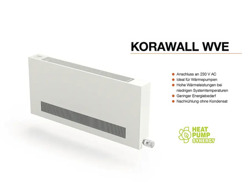 KORAWALL WVE Heizkörper für den Anschluss an 230 Volt Wechselstrom, ideal für Wärmepumpen, hohe Wärmeleistung bei niedrigen Systemtemperaturen, geringer Energiebedarf, Kühlung ohne Kondensat.