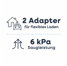 Zwei Adapter für flexibles Laden und sechs kPa Saugleistung.
