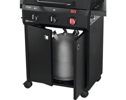 Chicago Next Gasgrill mit geöffneter Tür und Gasflasche