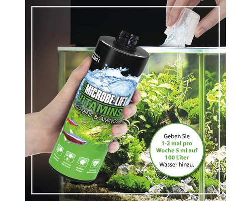 Microbe Lift Vitamins, ein Vitamin- und Aminosäurepräparat für Süßwasseraquarien, wird mit einem Messbecher in ein Aquarium gegeben.