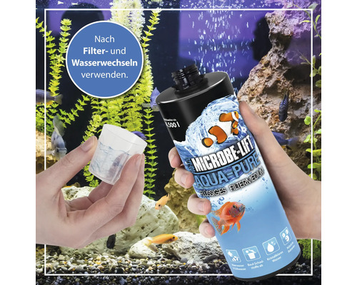 Microbe Lift Aqua Pure flüssiges Filtermedium für Aquarien wird nach Filter- und Wasserwechsel angewendet.