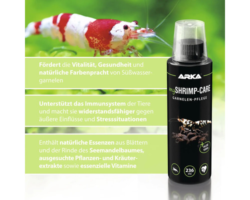 Arka myShrimp Care Garnelenpflege zur Förderung der Vitalität und Gesundheit von Süßwassergarnelen in einer 236 ml Flasche.