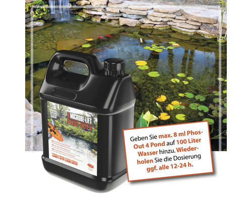 Microbe Lift Phos Out 4 Pond Phosphatentferner Kanister vor Teichkulisse