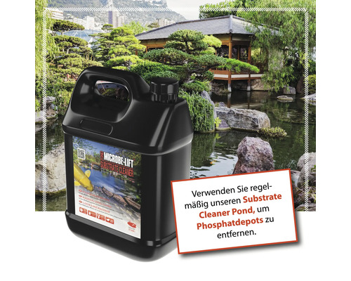 Microbe Lift Substrate Cleaner Pond im Behälter vor einem Gartenteich mit asiatischer Gartenarchitektur